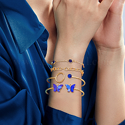 Light Gold Alloy Butterfly 4Pcs 2 Colors Cuff Bangle and 4Pcs 2 Colors Link Chain Bracelets Set&nbsp;BJEW-HY0001-35B