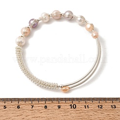 Brass Wire Wrapped Natural  Pearl Cuff Bangles for Women&nbsp;BJEW-D453-05S