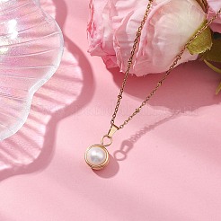 丸い天然淡水真珠銅線巻きペンダントネックレス  女性用304ステンレススチールサテライトチェーンネックレス  ゴールドカラー  17.64インチ（44.8cm）&nbsp;NJEW-JN04947-02