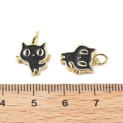 真鍮製エナメルチャーム  丸カン付き  猫の形のチャーム  ラックめっき  18KGP本金メッキ  鉛フリー＆カドミウムフリー  長持ちメッキ  ブラック  13x12x2mm  穴：3.3mm&nbsp;KK-L237-010G