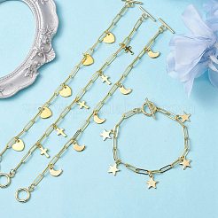 真鍮のペーパークリップチェーンが付いた金色の 304 ステンレススチールチャームブレスレット  混合図形  7-1/2~7-5/8インチ（19.2~19.3cm）&nbsp;BJEW-JB10031