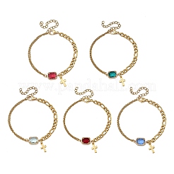 クロス 304 ステンレススチール チャーム ブレスレット  フィガロ＆アズキチェーンブレスレット（女性用）  ガラスと  ミックスカラー  6.69インチ（17cm）&nbsp;BJEW-JB13967