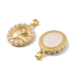 Flower Brass Pave Natural White Shell Oval with Rose Flower Pendants&nbsp;KK-M325-01G
