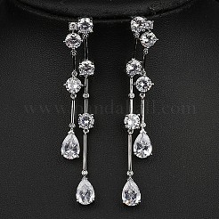 真鍮製クリアキュービックジルコニアのティアドロップタッセルスタッドピアス  プラチナ  75x8mm&nbsp;FS-WG0D253-02