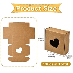 クラフト紙包装箱10個  ハートが見える窓のある正方形  バリーウッド  7.65x7.75x3.1cm&nbsp;CON-YW0001-75