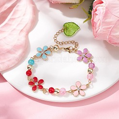 亜鉛合金フラワーフラワーリンクチェーンブレスレット  ガラスビーズ  カラフル  7-1/2インチ（19cm）&nbsp;BJEW-JB10006