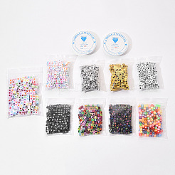 1800個200個/スタイル9スタイルDIYジュエリーセット作り  不透明＆透明＆メッキ＆スプレー塗装＆アンティークスタイルのアクリルビーズ付きブレスレット  キューブと弾性クリスタルスレッド  ミックスカラー  1800個/袋&nbsp;DIY-YW0002-15