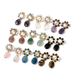 天然混合石ダングルのスタッドのピアス  楕円形と花  真鍮製のピアスパーツ  ゴールドカラー  ラックめっき  40.5~41x21.5mm&nbsp;EJEW-G454-01G