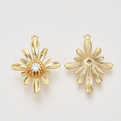 真鍮製キュービックジルコニアリンクコネクター  18KGP本金メッキ  花  透明  ニッケルフリー  25.5x19x5mm  穴：0.9~1.2mm&nbsp;X-KK-N216-07