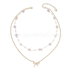 304 Stainless Steel Bowknot Pendant Natural Amethyst Nuggets Link Chain Double Layer Necklaces for Women&nbsp;NJEW-JN05399-02