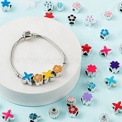 70個7スタイル花と植物シリーズUVメッキアクリルヨーロピアンビーズ  エナメル  大穴ビーズ  クローバー＆レターx＆フラワー＆凹型ドットの花  ミックスカラー  10.5~13x8.5~13.5x6.5~9mm  穴：4~5mm  10個/スタイル&nbsp;OACR-LS0001-07