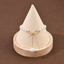 304ステンレススチールとクリスタルラインストーンチャームブレスレット  女性用アクリルパールビーズリンクブレスレット  蝶結び  イオンプレーティング（ip）  18KGP本金メッキ  6-3/4インチ（17.2cm）&nbsp;BJEW-G755-03G