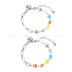 304ステンレススチールと電気メッキガラスのリンクブレスレット＆チャームブレスレット  女性用中空クロスリンクチェーンブレスレット  ハート＆ハート  ステンレス鋼色  9.72インチ（24.7cm）&nbsp;BJEW-JB13976-02