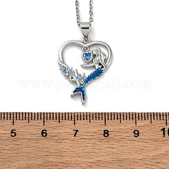 Brass Blue Cubic Zirconia Mermaid Heart Pendant Necklaces for Women&nbsp;NJEW-C067-04P