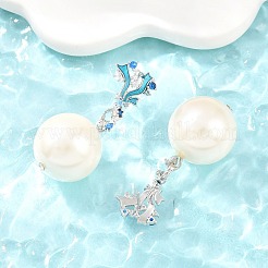 真鍮マイクロペーブキュービックジルコニアスタッドダングルピアス  エナメルおよびABSプラスチック模造パール付き  鉛フリー＆カドミウムフリー  長持ちメッキ  ラックめっき  プラチナ  35x16mm&nbsp;EJEW-G471-33P