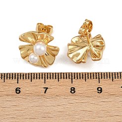 真鍮、ABS樹脂、パールフラワースタッドピアス  長持ちメッキ  ラックめっき  18KGP本金メッキ  14.5x15mm&nbsp;EJEW-L275-12G-02