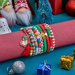 9Pcs 9 Style Word Happy Christmas Handmade Polymer Clay Heishi Surfer Stretch Bracelets Set with Acrylic Pearl&nbsp;sgBJEW-SW00070
