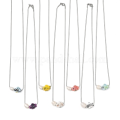 Handmade Porcelain Fish & Natural Cultured Freshwater Pearl Pendant 304 Stainless Steel Round Snake Chain Necklaces for Women&nbsp;NJEW-JN06398