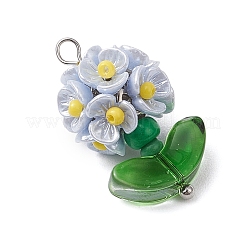 ガラスシードビーズの花のペンダント  樹脂と真鍮の金具付き  ライトスチールブルー  25x14x13mm  穴：3x2.5mm&nbsp;X1-PALLOY-MZ00521-03