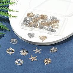 40個 10スタイル ラックメッキ 真鍮 中空コネクタチャーム  長持ちメッキ  エッチングされた金属装飾  混合図形  プラチナ＆ライトゴールド  14.5~17x11.5~14.5x0.3mm  穴：1~1.2mm  4個/スタイル&nbsp;KKC-FS0001-03