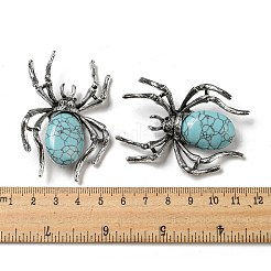 両用アイテム アロイ パヴェ ジェット ラインストーン スパイダー ブローチ  合成ターコイズ付き  アンティークシルバー  57.5x41.5x12mm  穴：4.5x4mm&nbsp;JEWB-C026-07D-AS