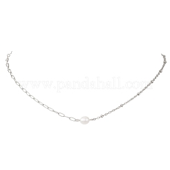 天然パールライス＆304ステンレススチールサテライトチェーンペーパークリップチェーンネックレス（女性用）  乳白色  変色しない  ステンレス鋼色  15.35インチ（39cm）&nbsp;NJEW-JN05822-01