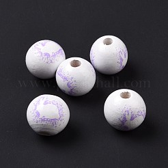 イースターのテーマ プリント ウッド ヨーロピアン ビーズ  大穴ビーズ  うさぎ柄の丸  ライラック  16x14.5mm  穴：4mm&nbsp;WOOD-C002-10A