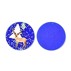クリスマステーマ3Dプリントレジンペンダント  DIYイヤリングアクセサリー  模様付きのフラットラウンド  鹿の模様  37.5x2.5mm  穴：1.6mm&nbsp;RESI-I036-02B