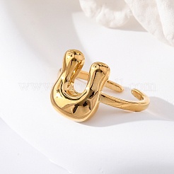 女性用304ステンレススチールオープンカフリング  文字L  18KGP本金メッキ  U字  13~14x7~15mm&nbsp;LS-RJEW-M060-01G-21