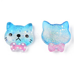 樹脂カボション  キラキラのスパンコール付き  猫  ディープスカイブルー  20x19x6mm&nbsp;X-CRES-N024-17