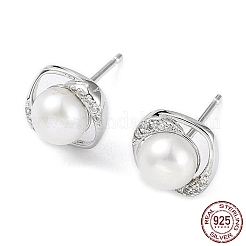 Anti-Tarnish Cubic Zirconia Sauqre with Natural Pearl Stud Earrings&nbsp;EJEW-F318-12P
