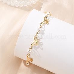 女性用304ステンレススチール＆シェルパールリンクブレスレット  蝶  18KGP本金メッキ  7.28インチ（18.5cm）&nbsp;BJEW-JB14096