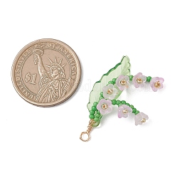 銅線入りガラスペンダント  花のチャーム  アクリルリーフとシードビーズ付き  ミスティローズ  35.5x22x10mm  穴：2.5mm&nbsp;PALLOY-MZ01200-02