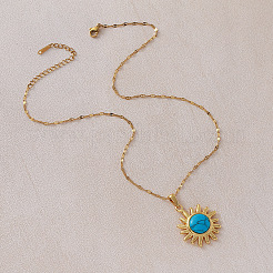 Vintage 304 Stainless Steel Sun Pendant Necklace with Dyed Synthetic Turquoise Stone for Women&nbsp;LS-TN1181