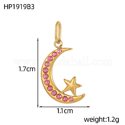 304ステンレススチールキュービックジルコニアペンダント  月と星のチャーム  イオンプレーティング（ip）  18KGP本金メッキ  ミックスカラー  17x11mm&nbsp;STAS-OY009-44G