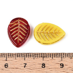 葉のガラスビーズ  ゴールドライン入り  ミックスカラー  17~17.5x13x4mm  穴：1mm&nbsp;GLAA-T025-56M