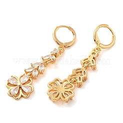 ラックメッキゴールデンブラスダングルフレンチフックピアス  キュービックジルコニア付き  花  透明  50x12.5mm&nbsp;EJEW-B037-02G-02