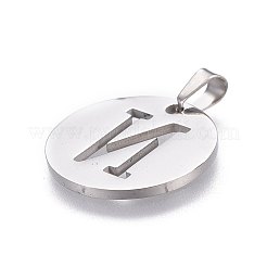 変色しない201ステンレススチールペンダント  アルファベット付きフラットラウンド  ステンレス鋼色  文字N  20x1.3mm  穴：4x3mm&nbsp;STAS-L221-33N