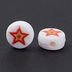 オペークプリントアクリルビーズ  スターとフラットラウンド  レッド  7x4mm  穴：1.5mm&nbsp;SACR-F004-02A