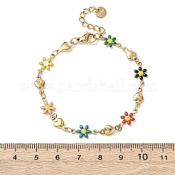 フラワー＆ハート 304ステンレススチール リンクブレスレット（女性用）  エナメル  カラフル  6-3/4インチ（17.2cm）&nbsp;BJEW-F524-06A-G