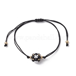 合成ブラックオニキス編みビーズブレスレット  ガラスシードビーズで  花  内径：3-1/2インチ（9cm）&nbsp;BJEW-MZ00154-04