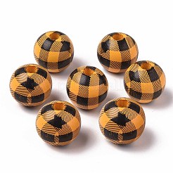 天然木大穴ビーズ  チェック柄ビーズ  素朴な農家の木製ビーズ  ラウンド  ミックスカラー  16x15mm  穴：4mm&nbsp;X-WOOD-S057-025