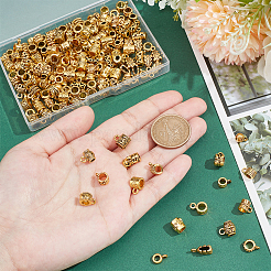 170 個 17 スタイルのチベットスタイル合金チューブベイル  ループベイル  アンティーク黄金  6.5~14x4~9.5x2~8mm  穴：1.2~5mm  内径：3~5.5mm  10個/スタイル&nbsp;FIND-GA0004-70AG