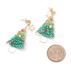 Shell Pearl & Glass Braided Christmas Tree Dangle Stud Earrings&nbsp;EJEW-TA00090
