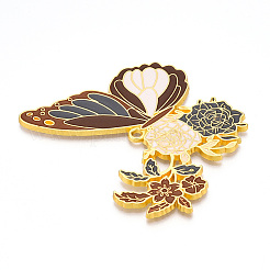 ラックメッキ合金エナメルビッグペンダント  カドミウムフリー＆ニッケルフリー＆鉛フリー  花のチャームが付いた蝶  ゴールドカラー  シエナ  56x69.5x2mm  穴：2.5mm&nbsp;ENAM-N056-399B-G