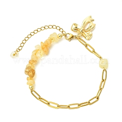 Heated Natural Citrine Chip Beads 304 Stainless Steel Paperclip Chain Bracelets with Alloy Bowknot Charms&nbsp;BJEW-JB14187-02