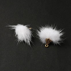 フェイクミンクファータッセルペンダント装飾  アンティーク金色合金パーツ  ホワイト  20~30x28~30mm  穴：1.8mm&nbsp;FIND-YW0002-24D