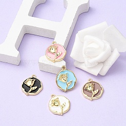 ラックメッキ合金エナメルペンダント5個。  カドミウムフリー＆鉛フリー  バラ付きのフラットラウンド  ミックスカラー  21.5x18.5x5.5mm  穴：1.6mm&nbsp;ENAM-YW0002-45
