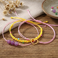 3Pcs 3 Styles Natural Amethyst & Glass Round Beads Braided Bead Bracelets & Stainless Steel Heart Link Bracelets&nbsp;LB7339-2