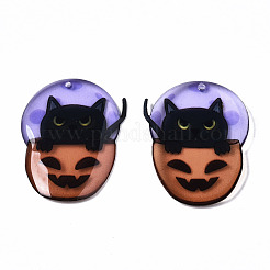 エポキシ樹脂ペンダント  ハロウィン用  カボチャと猫  ブラック  35.5x27x3mm  穴：1.4mm&nbsp;RESI-S379-021